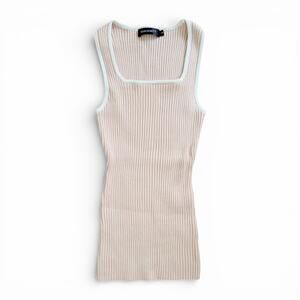 Merokeety Ribbed Knit Square Neck Tank Top in Tan Size Small